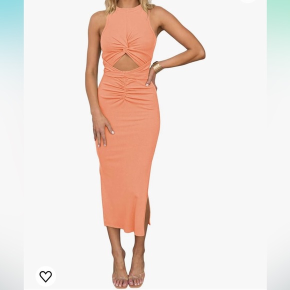 Sleeveless Cut Out Bodycon Dress Crewneck Twist Ruched Slit Ribbed Midi Dress - Picture 1 of 3